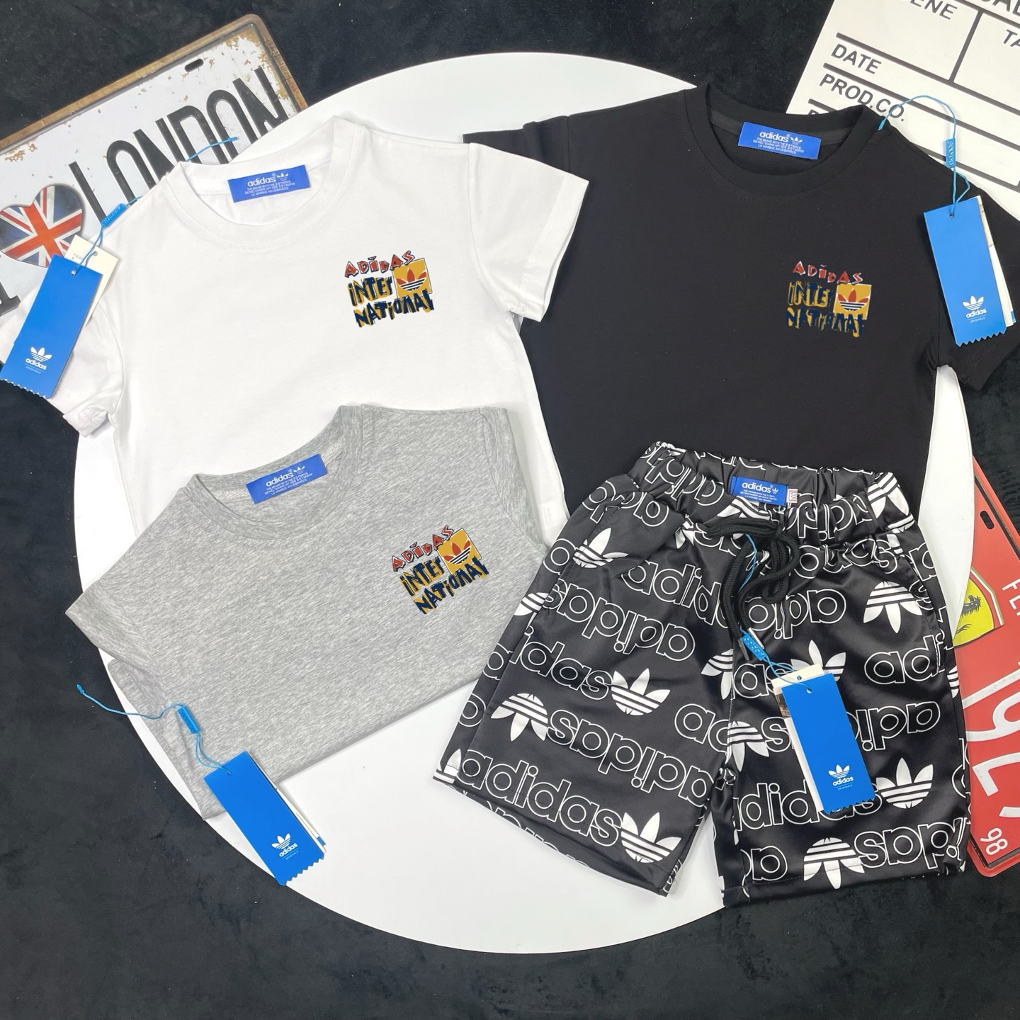 Adidas Unisex Kids 2-Piece Letter Embroidery Short Sleeve Tee & All Over Print Shorts Summer Outfit Boys Girls Separates Available Sizes 90-150