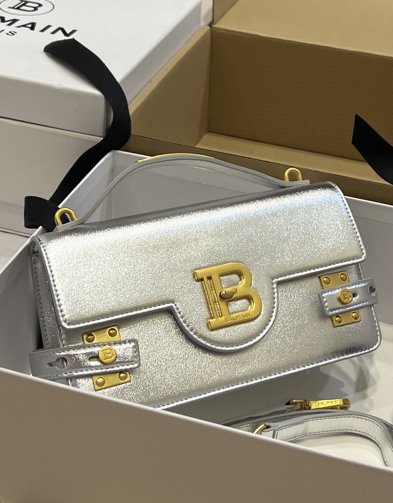 [TOP] BALMAIN Cowhide Bag 23*14*8cm - Sliver - 711 Luxury