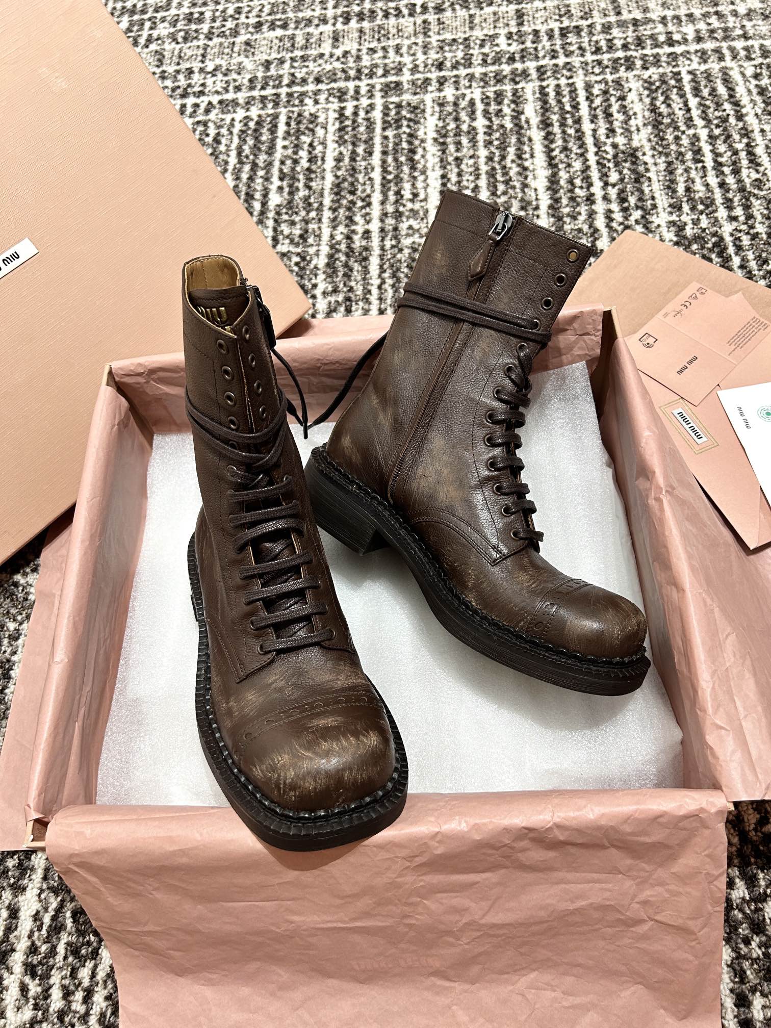 Designer Shoes MiuMiu Leather Laced Booties #327654 View 2 | Nigo Office