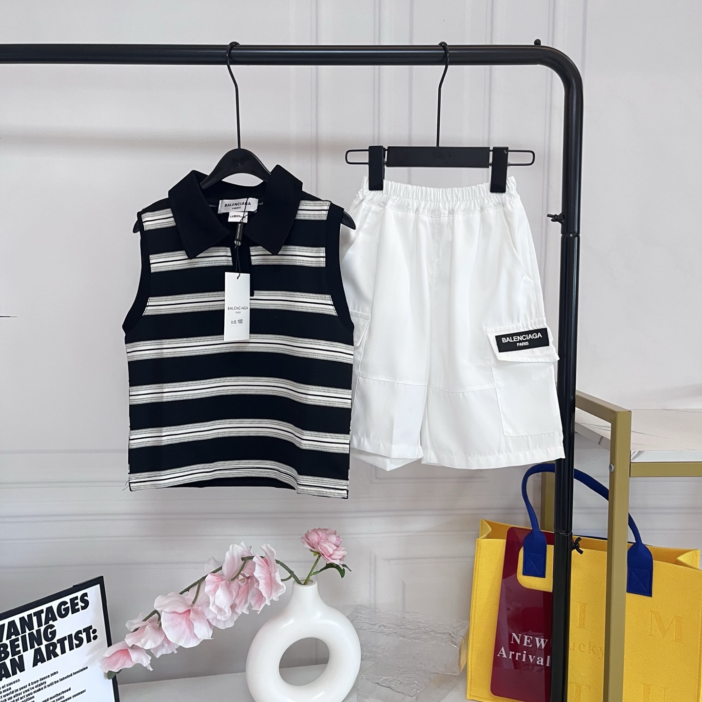 Balenciaga Boys Black White Striped Sleeveless Polo Tank Top & White Label Cargo Shorts Two Piece Set Kids Sizes 90-140