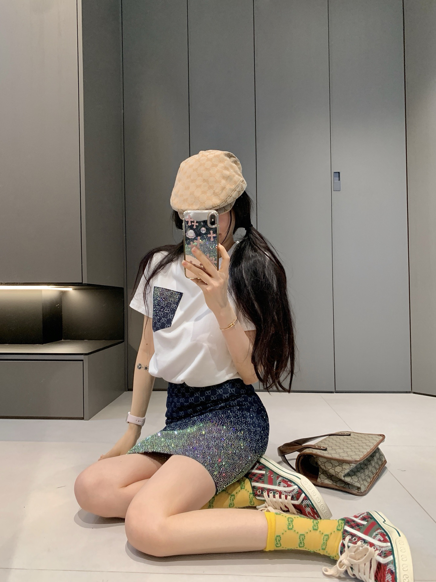 [TOP] GUCCI T-shirt + Skirt Set - White/Navy Blue