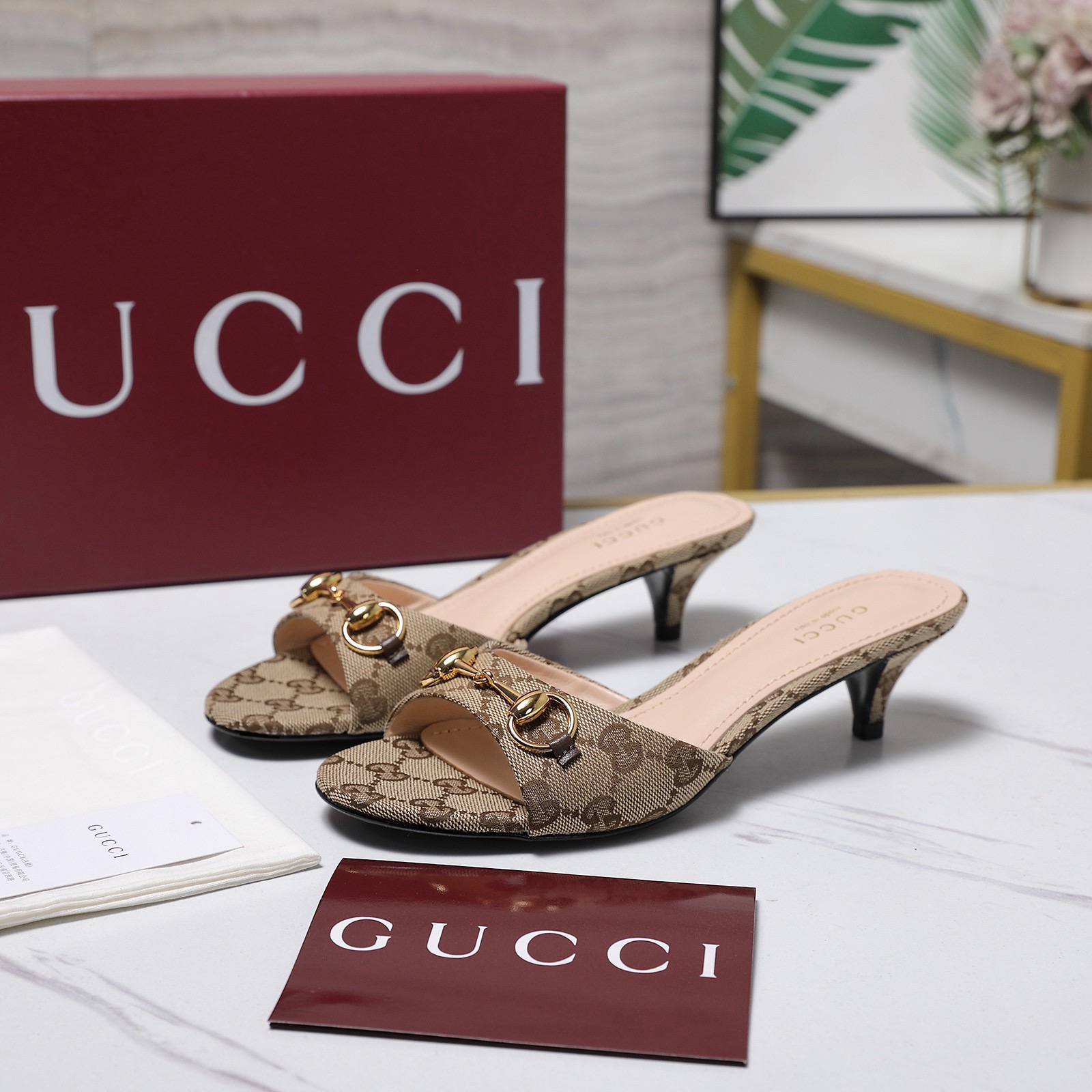 [TOP] GUCCI GG 4.5cm Mid Heel Slippers - Brown - 711 Luxury
