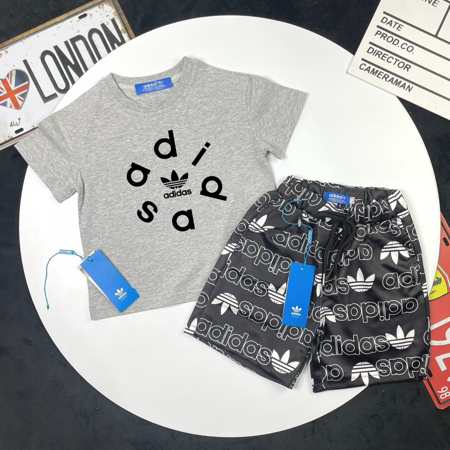 Adidas Kids 2Pcs Circular Split Letter Trefoil Tee & All Over Logo Print Shorts Set For Boys Girls Full Original Tags Sizes 90-150
