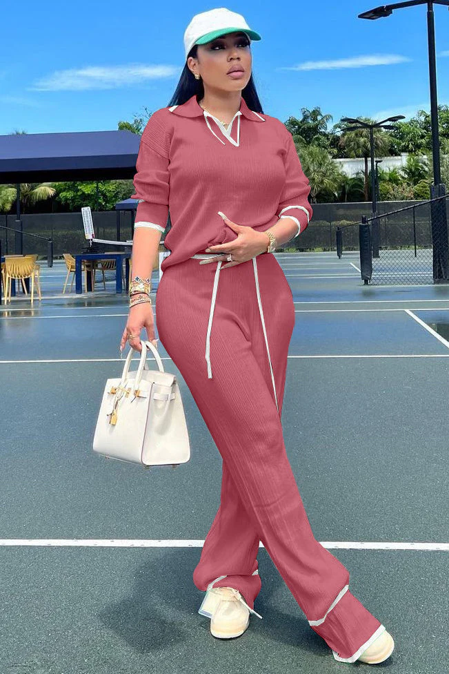 Knit Turndown Collar Long Sleeve Top Straight Leg Casual Pants Matching Set