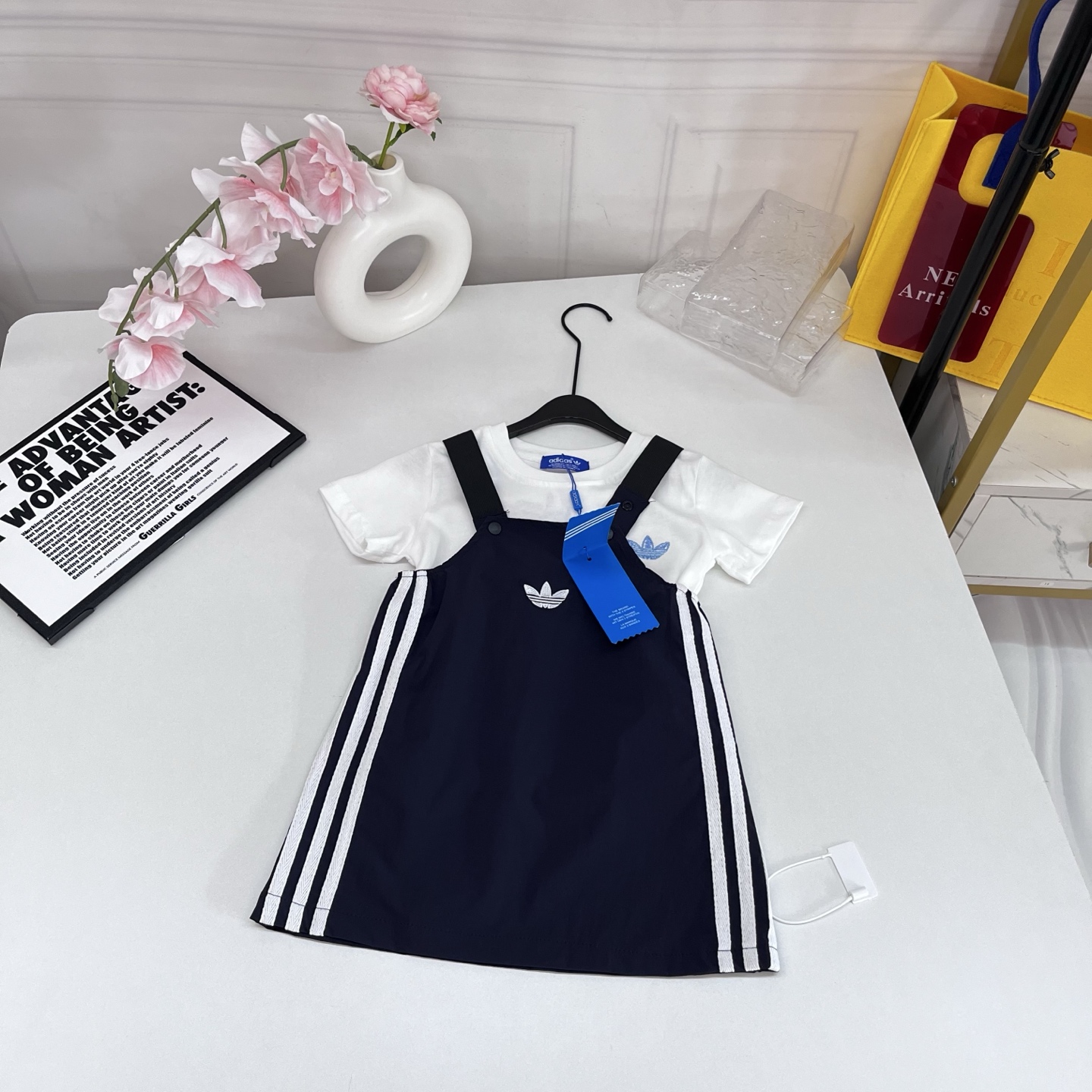 Adidas Girls 2Pcs Outfit Set Embroidered Trefoil Tee & 3 Stripe Overalls Dress Sizes For Little Girls Kids, size 80-90-100-110cm
