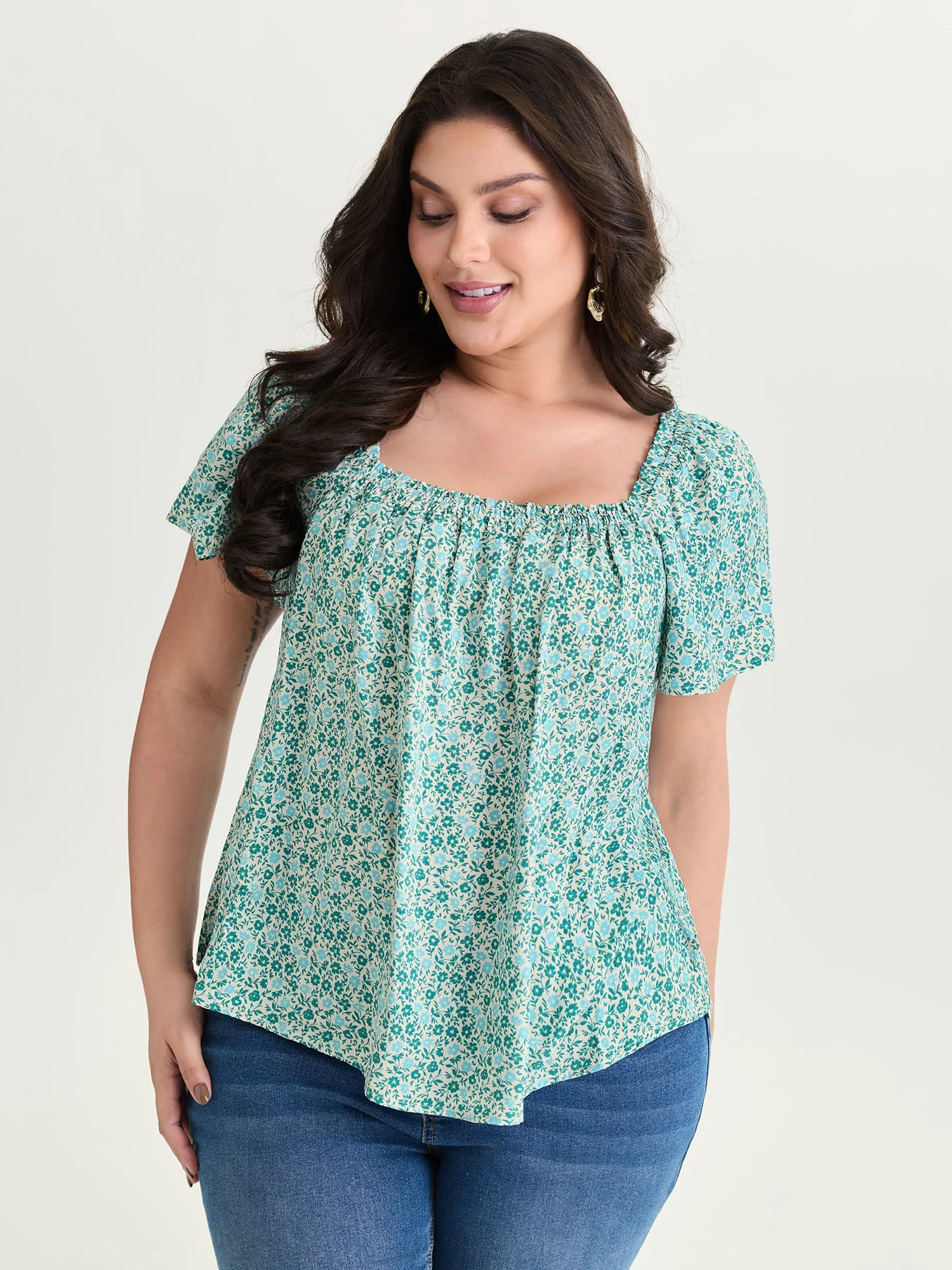 Floral Print Square Neckline Blouse