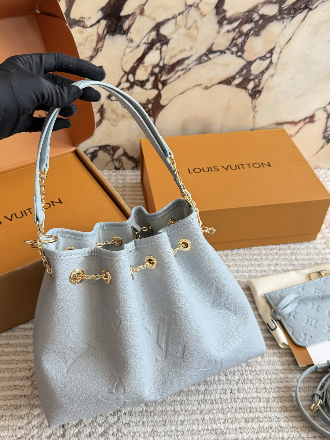 Louis Vuitton Summer Bundle Light Blue Leather Bucket Bag with Gold-tone Hardware (Replica)