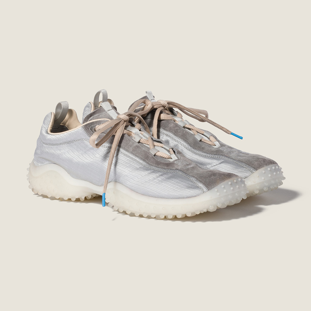 Designer gray Shoes MiuMiu Cloudy Gray Bubble Technical Fabric And Suede Sneakers #395010 | Nigo Office
