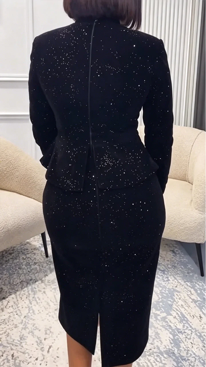 Women Round Neck Long Sleeved Nail Diamond Waist Cinching Elegant Temperament Dress