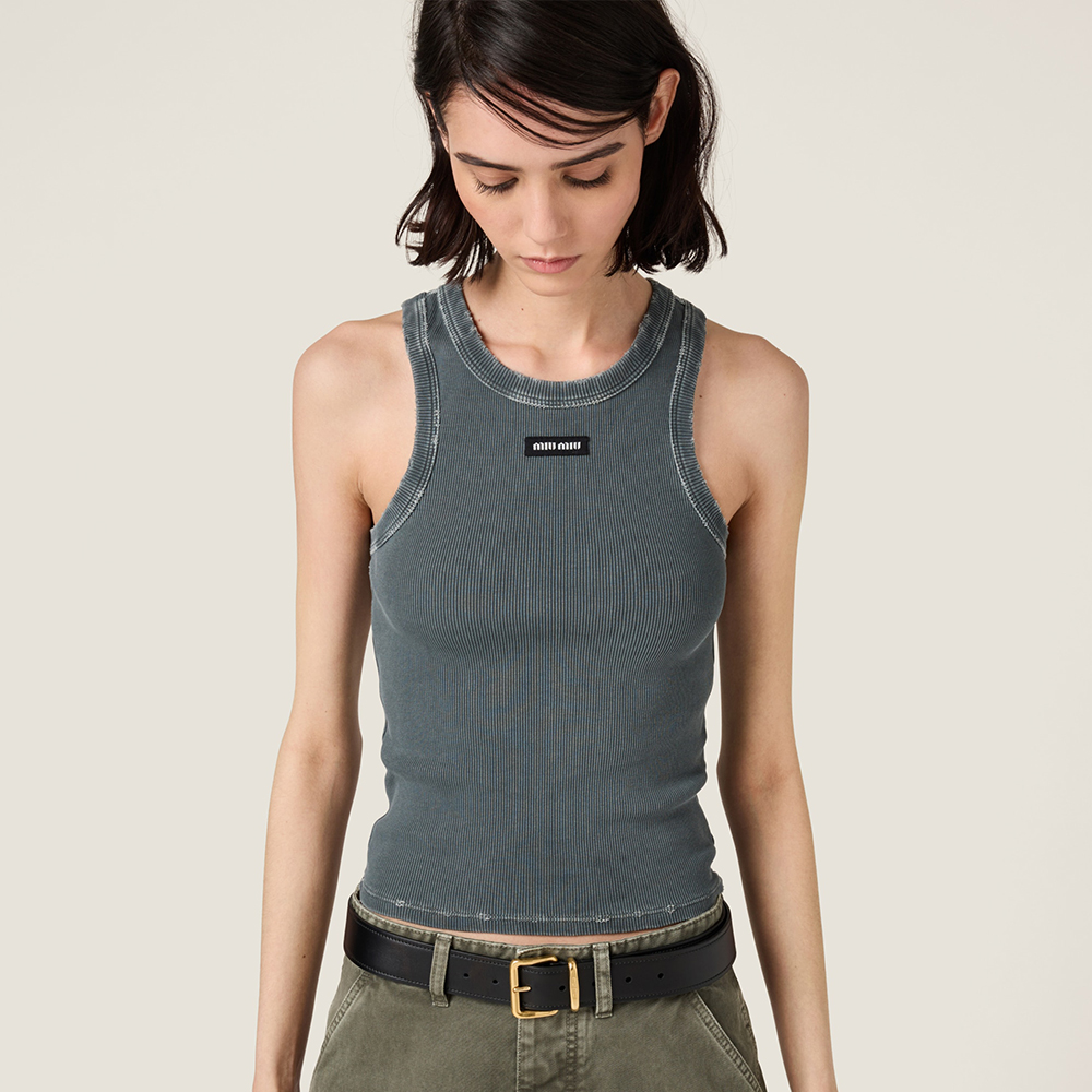 MiuMiu Grey Garment-dyed Ribbed Knit Jersey Top #378148