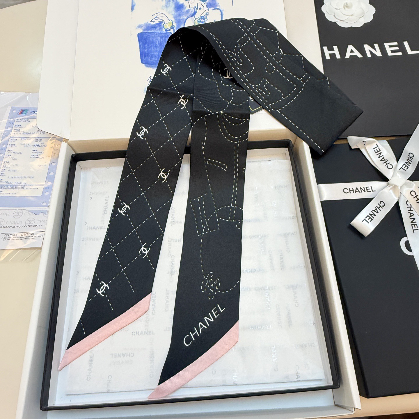 [TOP] CHANEL Twilly Scarf 120x6cm - Black - 711 Luxury