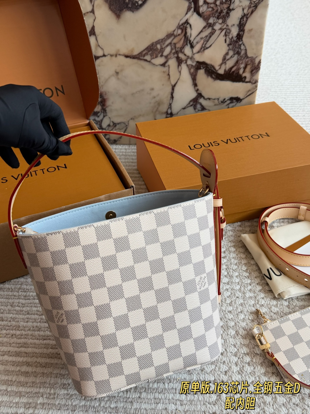 Louis Vuitton LV All In BB White Checkered Canvas Tote Bag with Leather Trim (Replica)