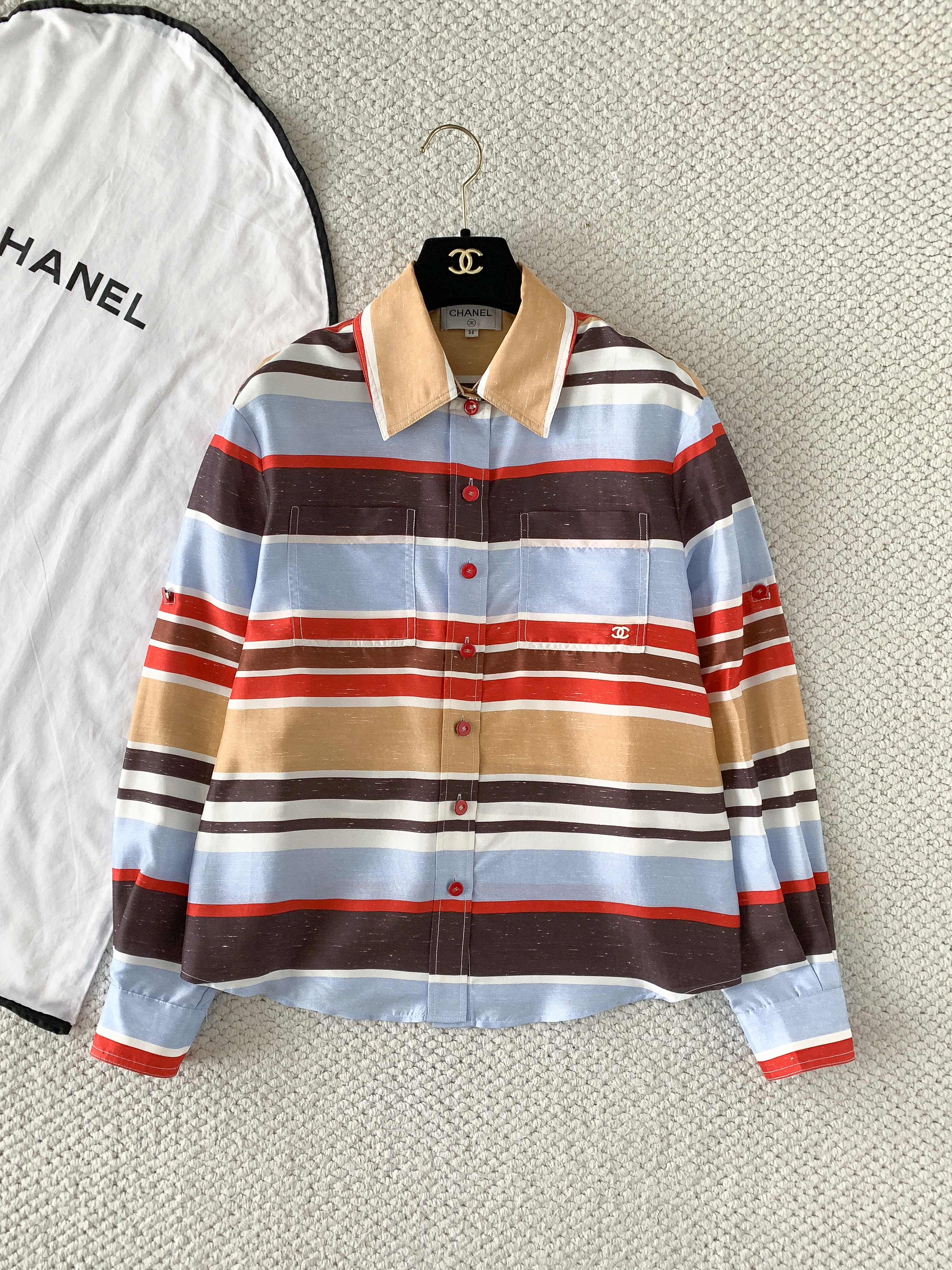 CHANEL Shirt Shorts Silk Blue Red Brown Beige White #386910