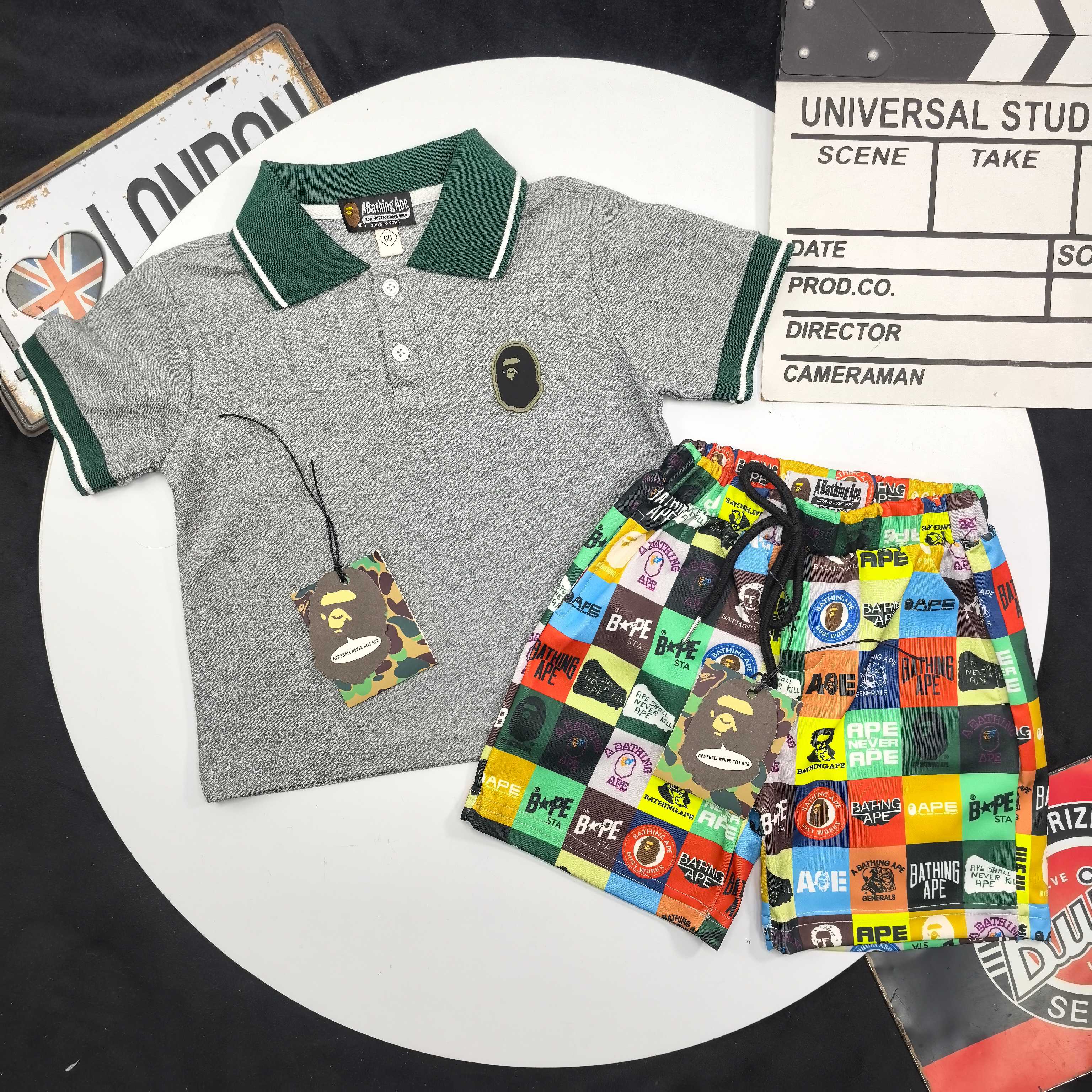 Bape Unisex Kids Grey Green Collar Polo Shirt & Colorful Logo Grid Print Shorts Set Boys Girls Sizes 90-150