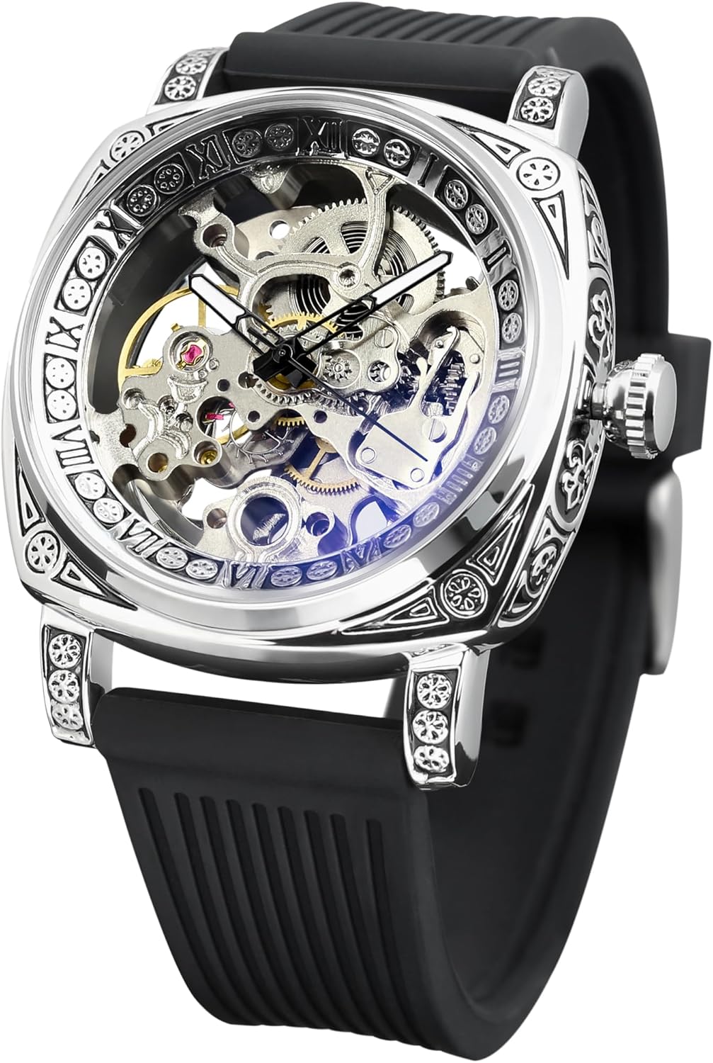 FORSINING Watches for Man, Square Retro Mechanical Watch Self-Wind Carved, Skeleton Automatic Watches Vintage Leather Strap Wristwatch