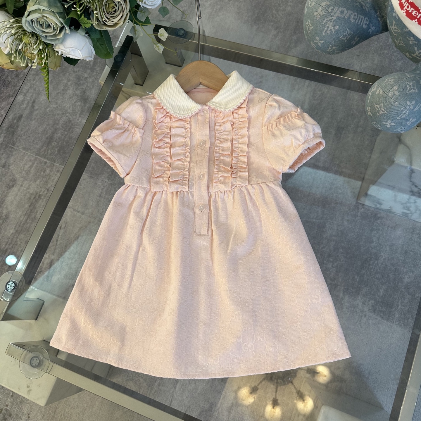 Gucci Girls Pink Monogram Jacquard Ruffle Puff Short Sleeve Peter Pan Collar Cotton Dress Kids Summer Dress Sizes 100-150
