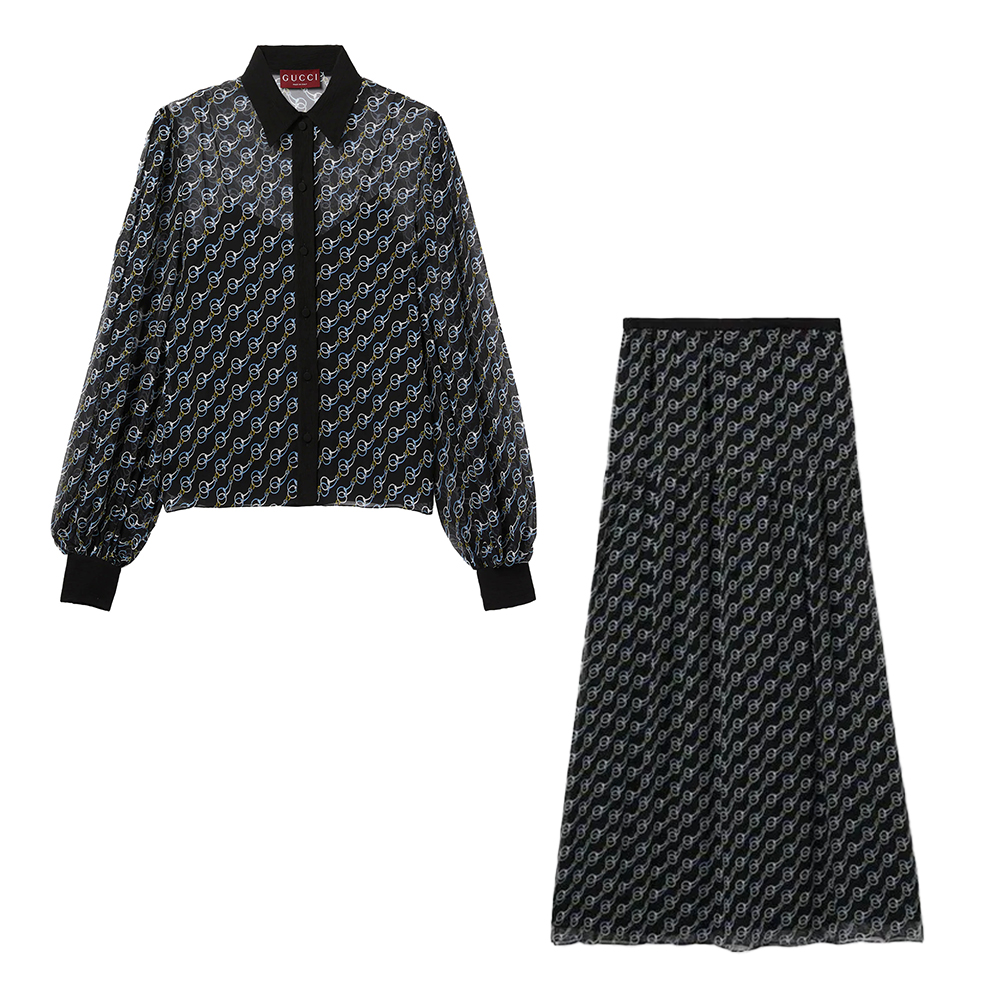 Gucci Printed Silk Creponne Shirt A-Line Skirt #312036