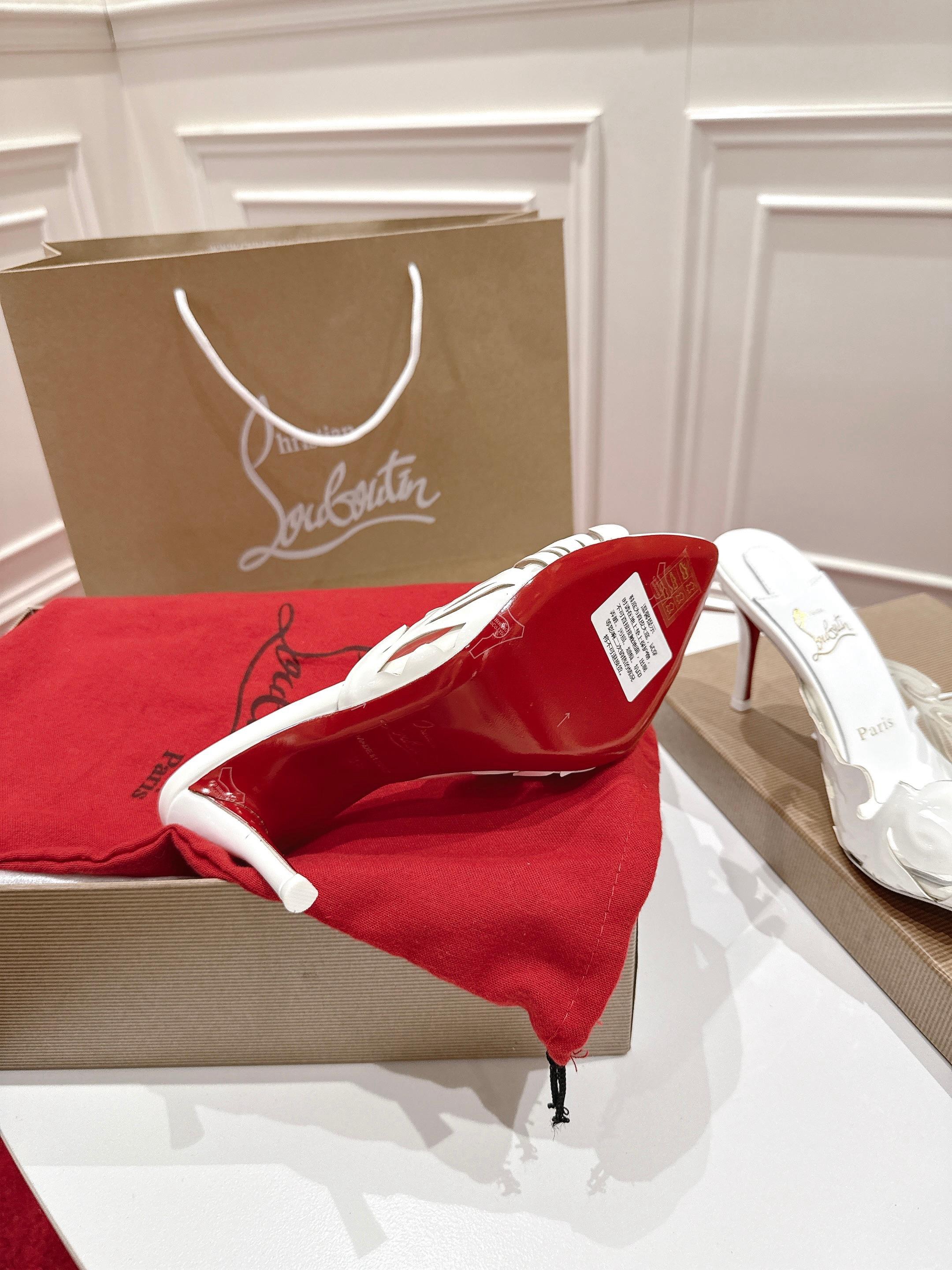 [TOP] Christian Louboutin Apostropha Petunia 80 Patent-Leather and PVC Slippers - White - 711 Luxury