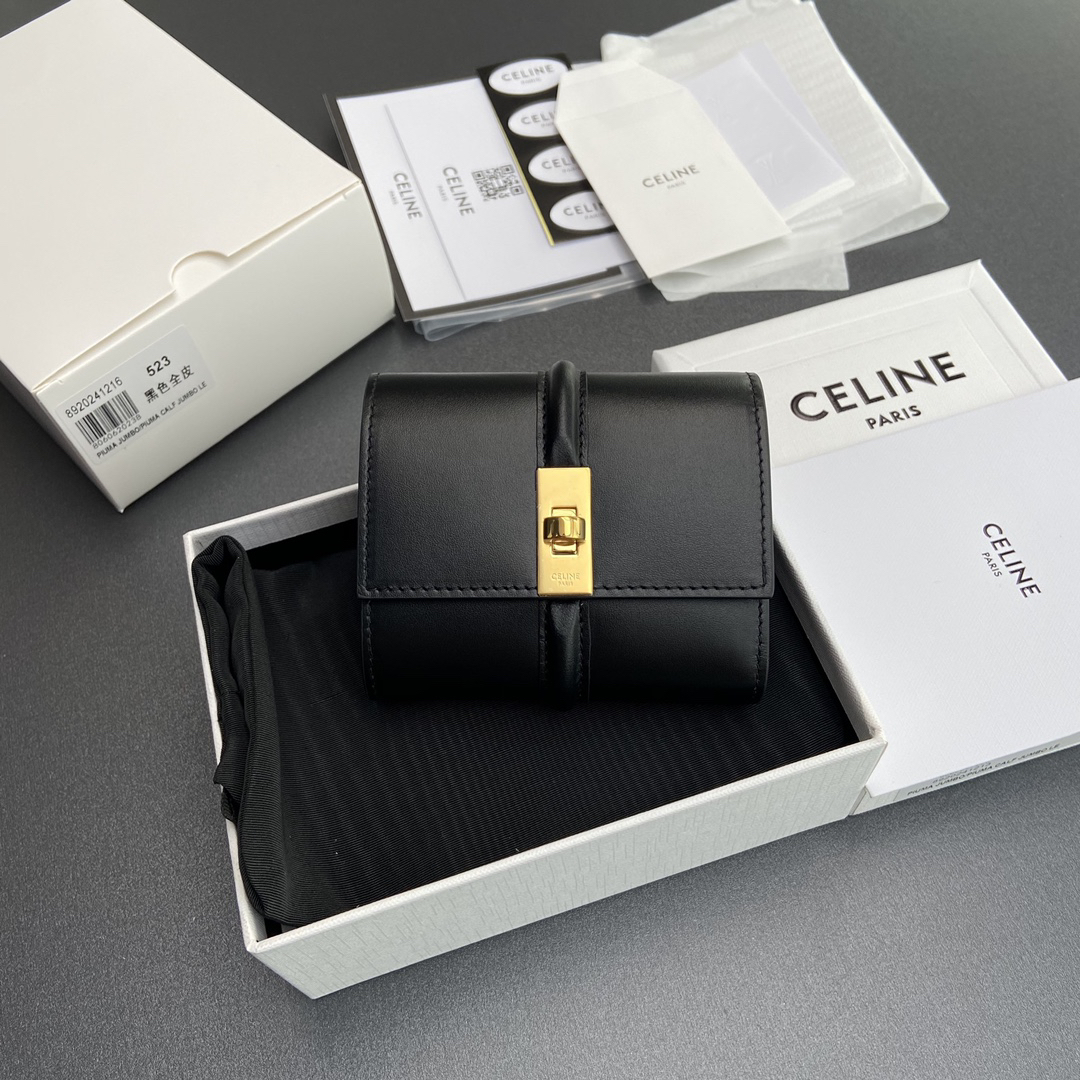 [TOP] CELINE Triomphe Calfskin Wallet 10.5×9×3cm - Black - 711 Luxury