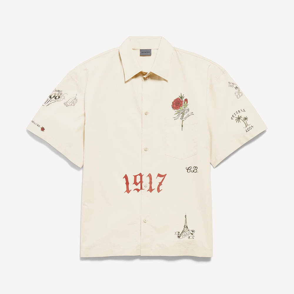 Balenciaga White Tattoo Wide Fit Shorts Shirt in Cotton Poplin #382148