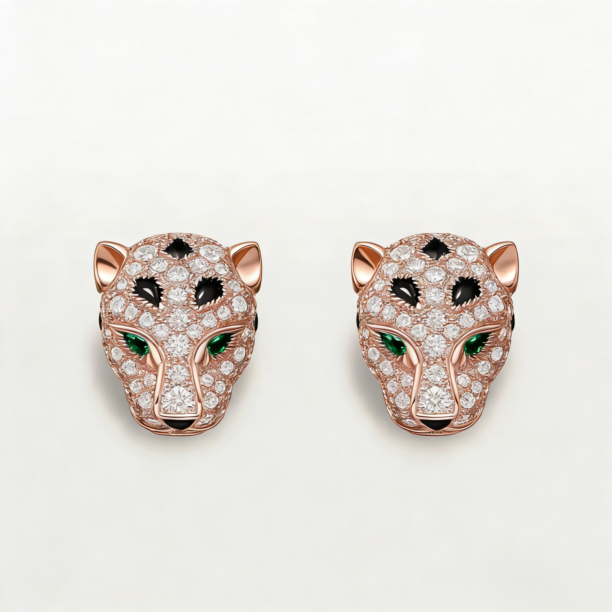 Carty Panther Motif Earrings,Rose Gold, Paved Moissanite