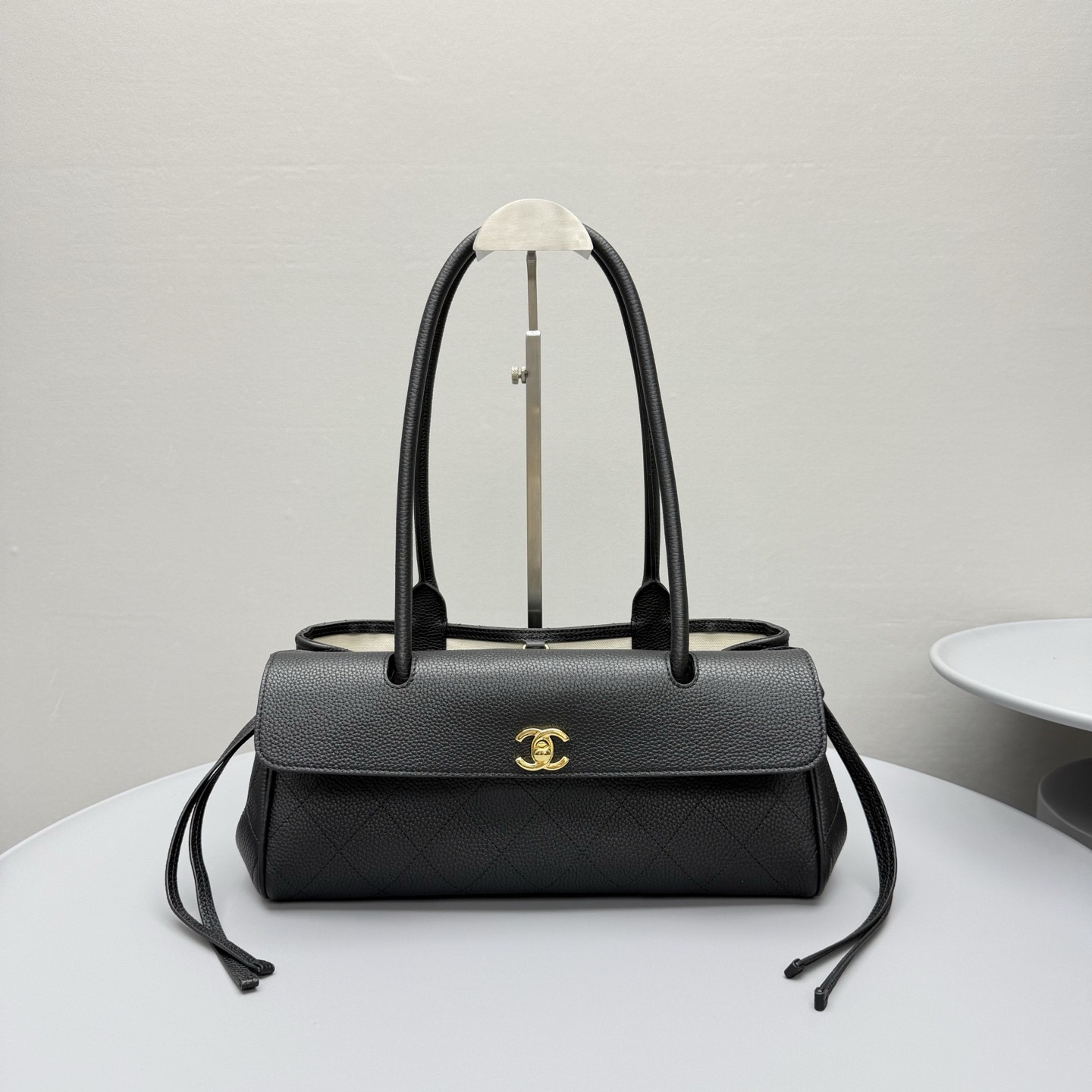 Chanel Small Shopping Bag Grained Calfskin Gold-tone Metal Black #380058