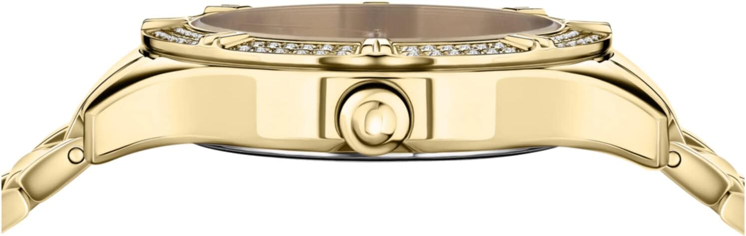Versus Versace Canton Road Crystal Collection Luxury Womens Watch Timepieces with a Gold Bracelet and Case Featuring a Red Dial