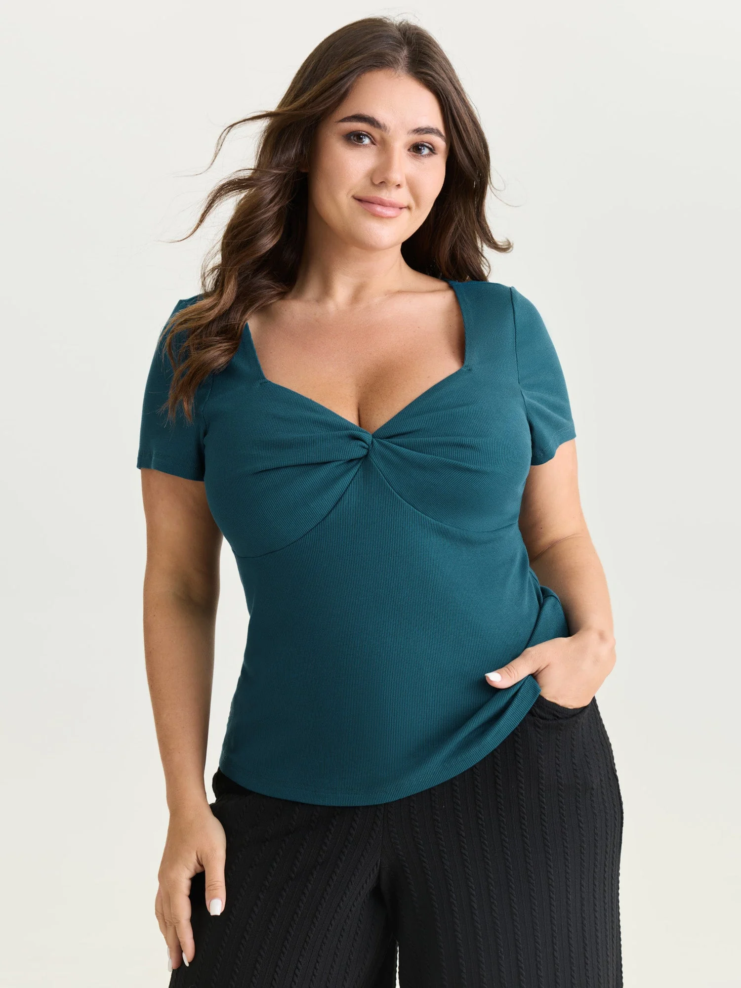 Supersoft Stretchy Ribbed Sweetheart Neckline Knit Top
