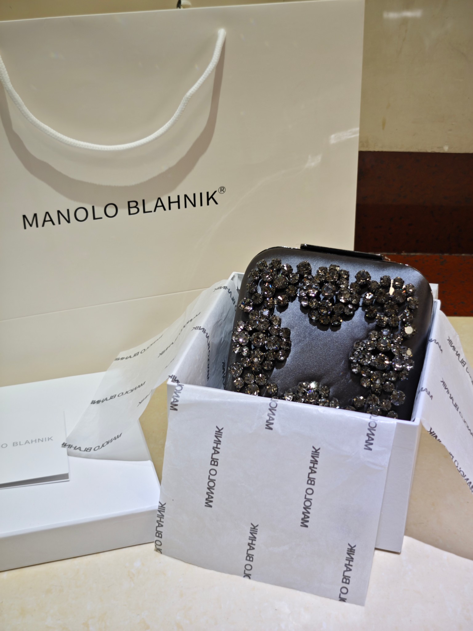 [TOP] MANOLO BLAHNIK Lace-patterned Square Bag 15.8*17*7.3cm - Blue - 711 Luxury