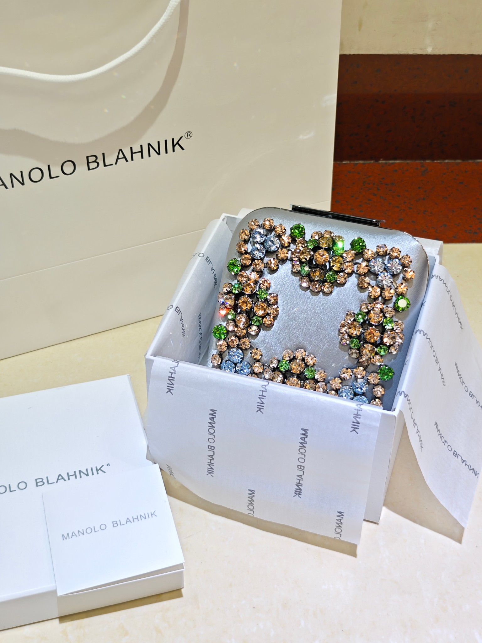[TOP] MANOLO BLAHNIK Lace-patterned Square Bag 15.8*17*7.3cm - Sliver - 711 Luxury