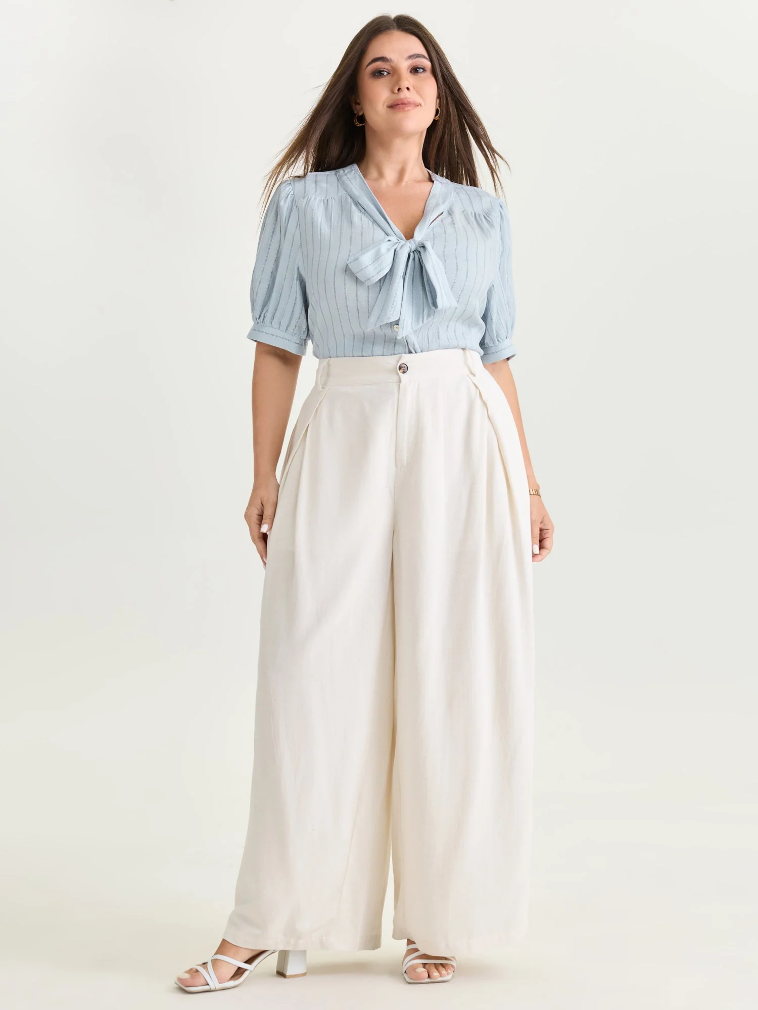 Cotton Bowknot Neckline Button-Down Blouse