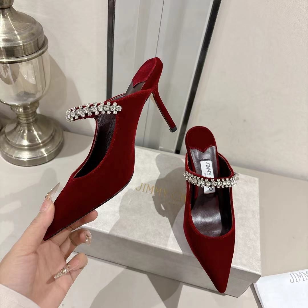 [TOP] Jimmy Choo Bing 100mm Crystal-Embellished Velvet Mules - Ruby Red - 711 Luxury