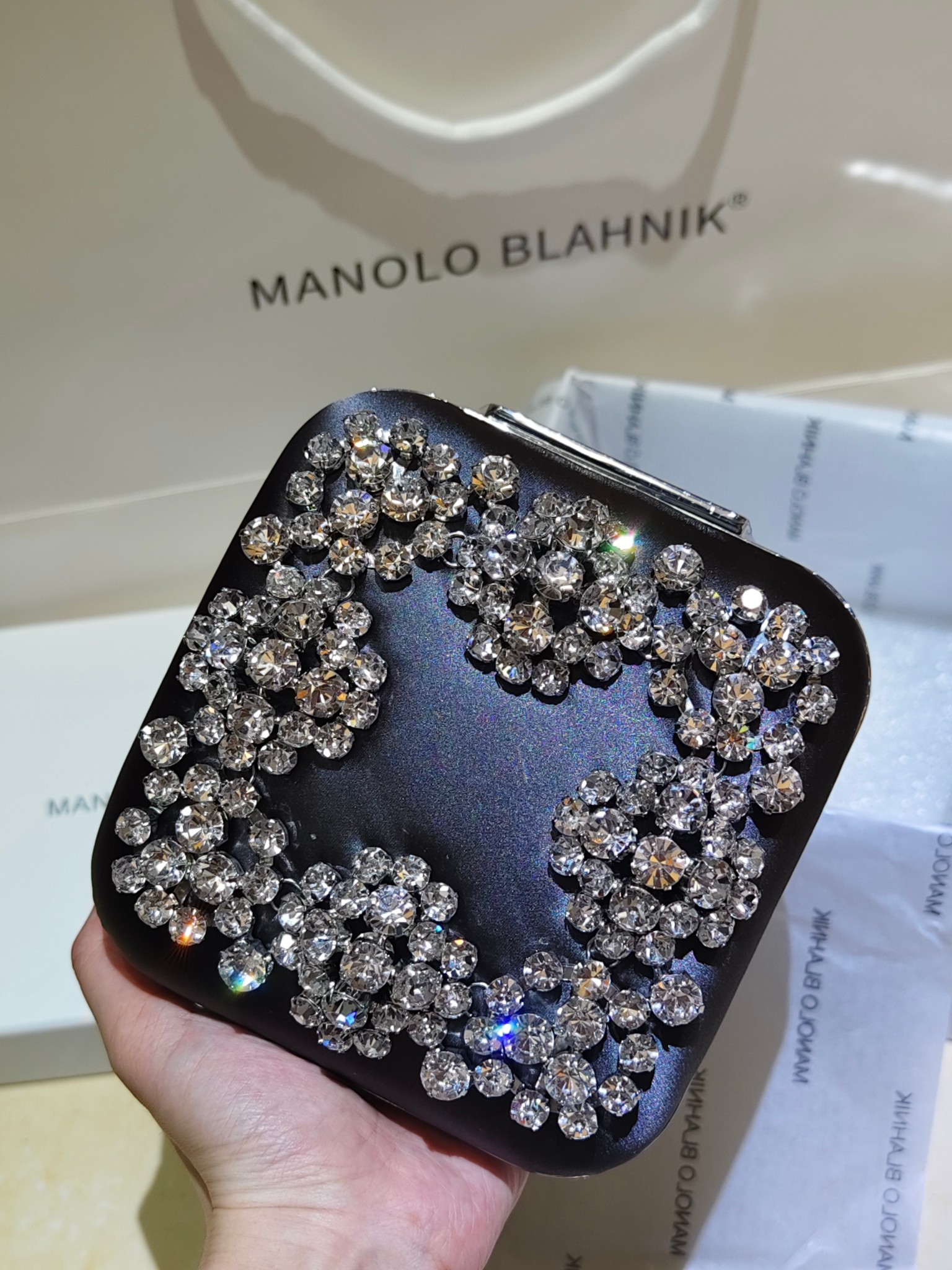 [TOP] MANOLO BLAHNIK Lace-patterned Square Bag 15.8*17*7.3cm - Dark Purple - 711 Luxury