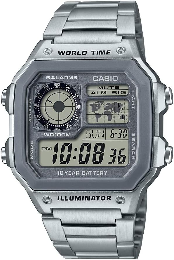 Casio AE1200WH Series | Men’s Digital Watch | 100M WR | Multi Alarms | 100 SEC Stopwatch | Countdown Timer | World Map for World Time | LED Light | LC Analog Display | 10 Year Battery