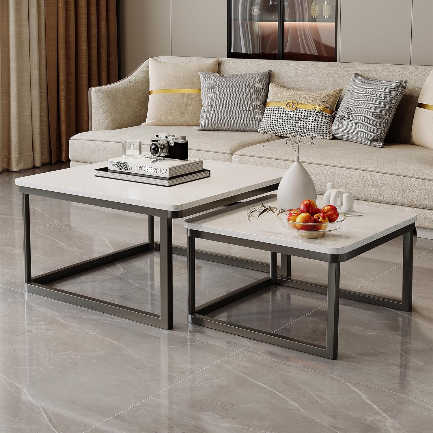 Hawthyhome Coffee Tables, Round Nesting Tables Tet of 2, Modern Side Tables with Metal Frame, Industrial Stacking End Tables for Living Room Bedroom Office, 60cm*40cm, Creamy White