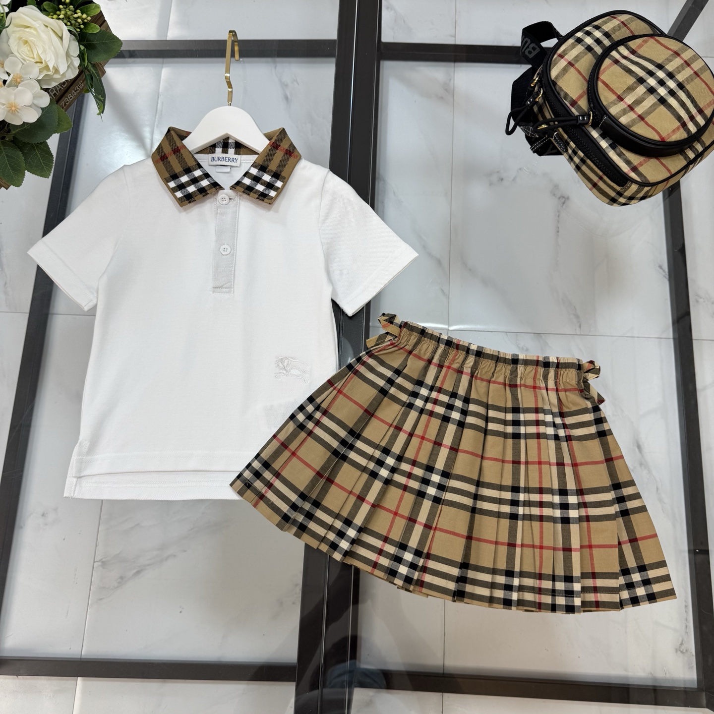 Burberry Girls White Vintage Check Collar Polo Shirt & Signature Plaid Elastic Waist Pleated Skirt Two Piece Matching Set Kids Sizes 100-160