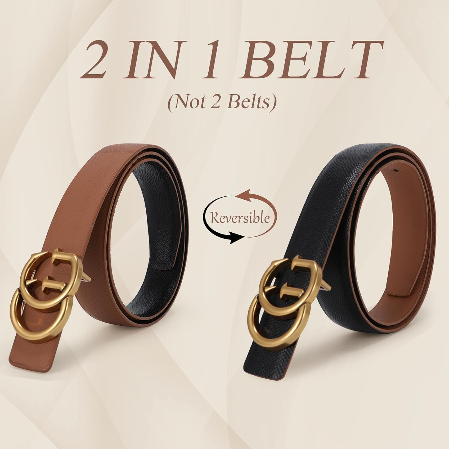 OXSLEN Women Reversible Leather Belt with Fashion G Gold Buckle for Dresses, Jeans, and Coats,width 1.1