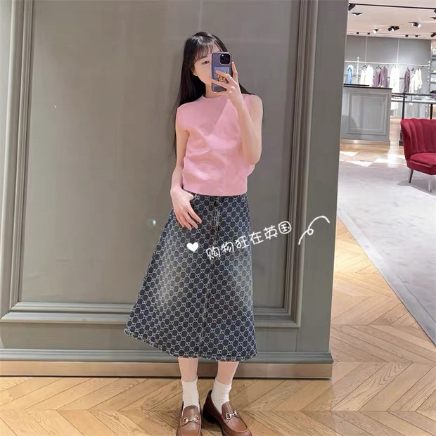 [TOP] GUCCI Jacquard Crew Neck Sleeveless Vest Top - Pink