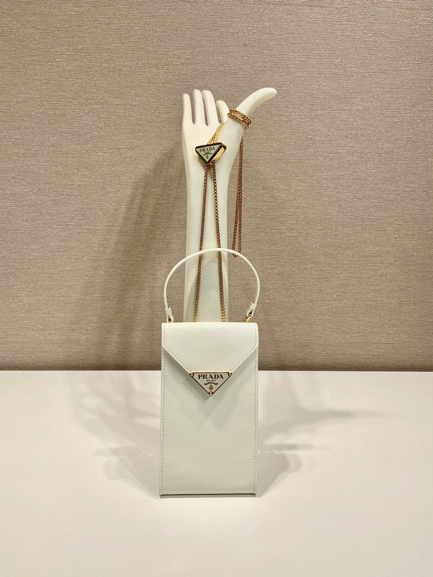 [TOP] PRADA Mini Phone Bag 18x10.5x3cm - White & GHW