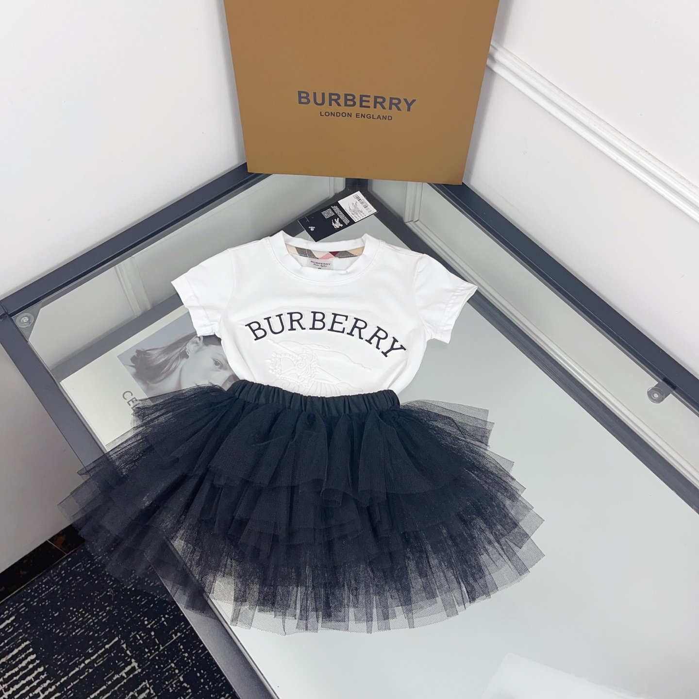 Burberry Girls White Embossed Letter Equestrian Print Short Sleeve T Shirt & Multi-Layer Black Soft Tulle Tutu Skirt Two Piece Princess Outfit Sizes 90-130, Little Girls Matching Set