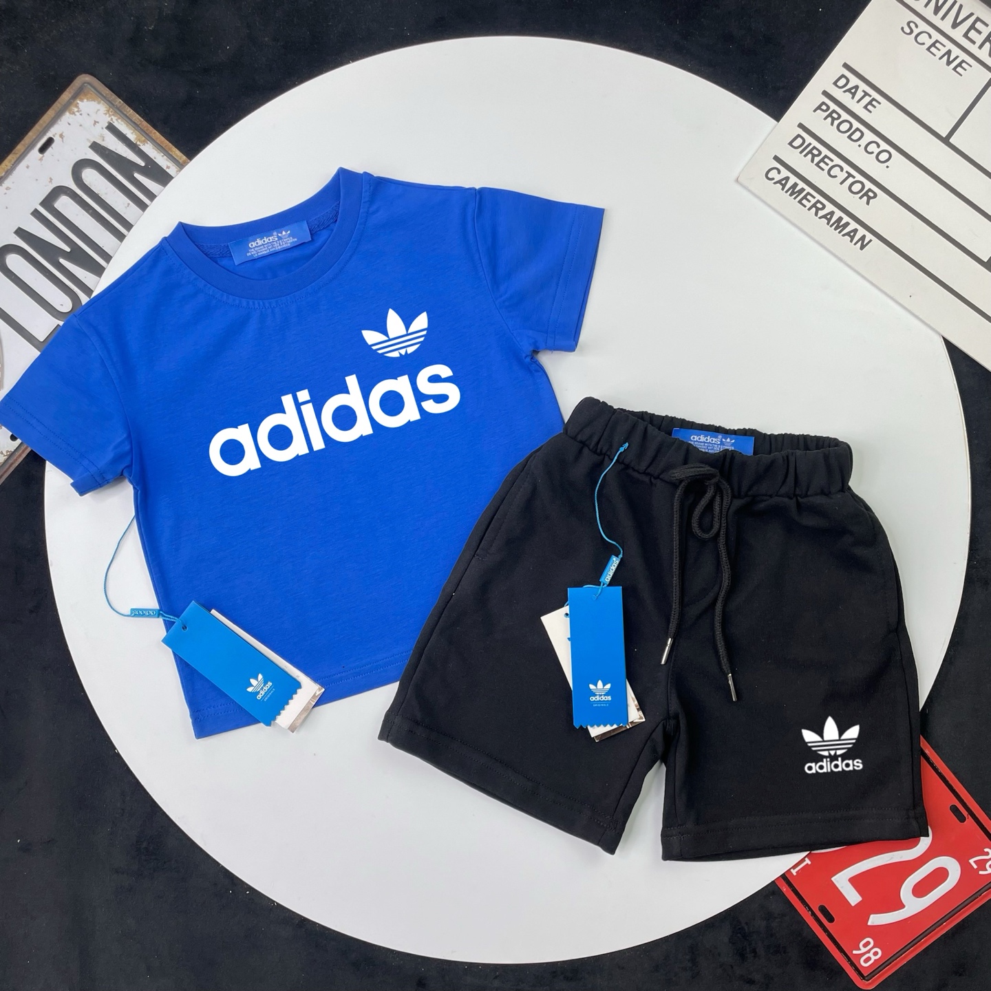 Adidas Kids 2Pcs Small Trefoil Logo Tee & French Terry Sweat Shorts Matching Set For Boys Girls Full Original Tags Sizes 90-150,