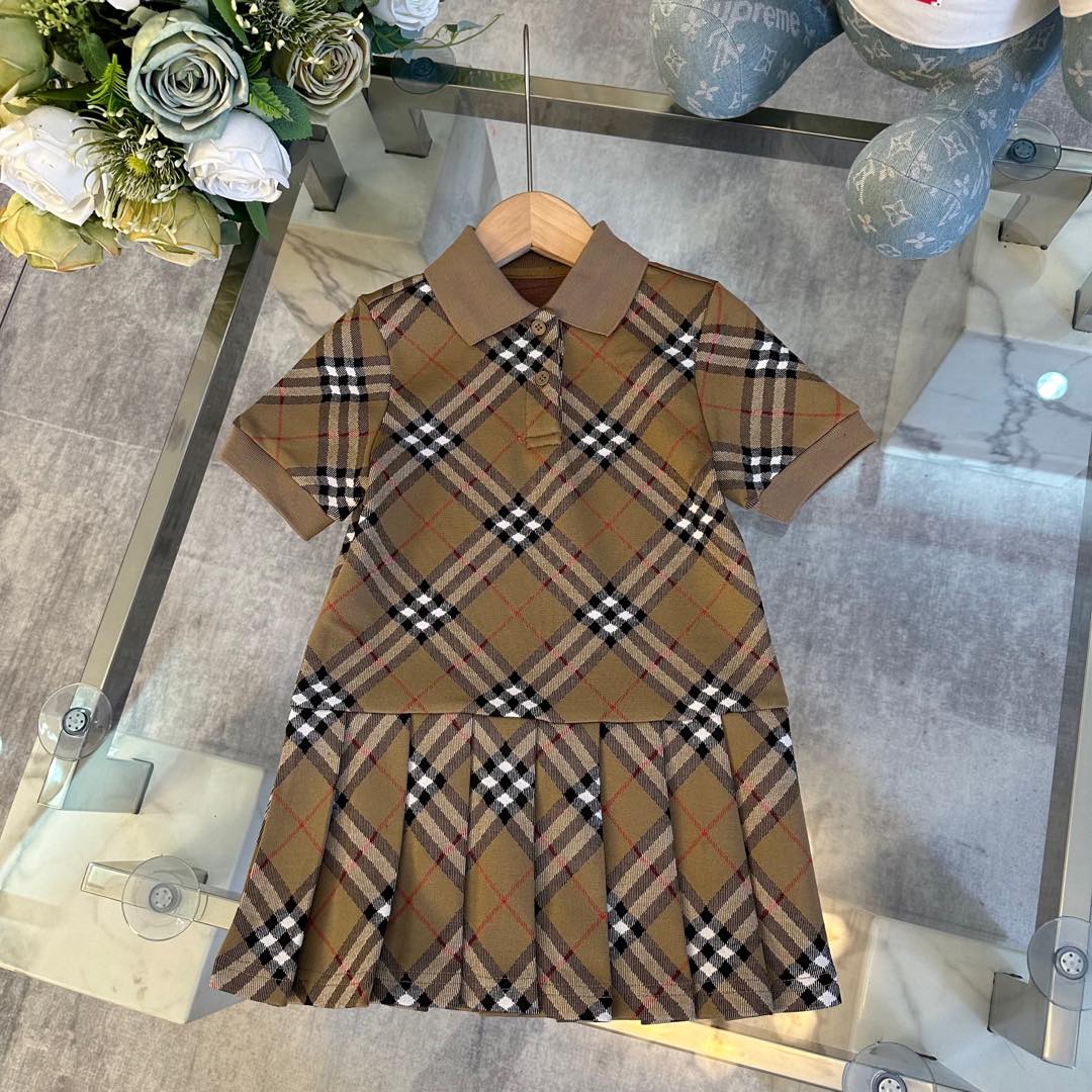 Burberry Kids Vintage Check Polo Short Sleeve Two Piece Outfit Girls Pleated Dress Boys Shorts Sibling Matching Set Sizes 100-150 Khaki Plaid