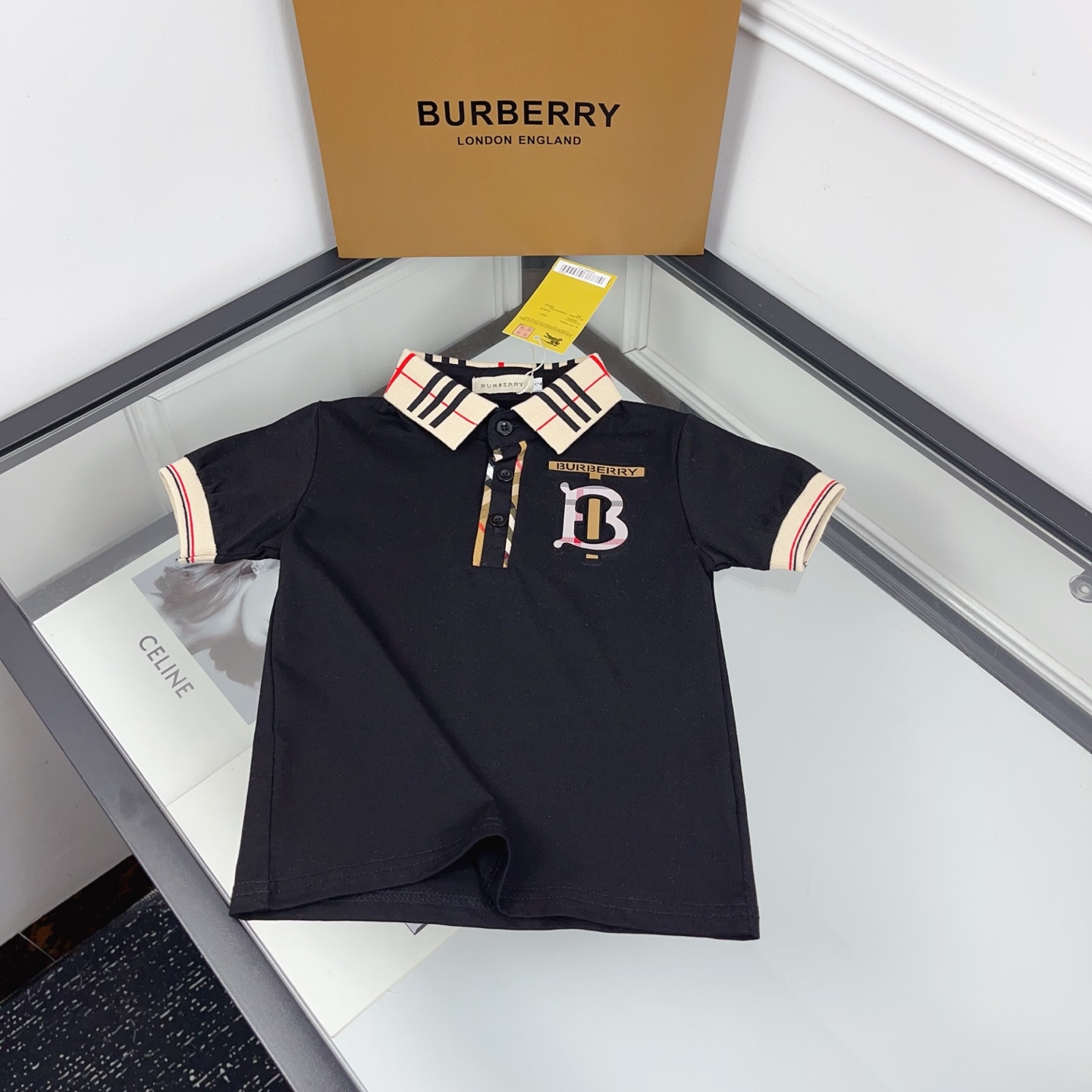 Burberry Unisex Kids Black Check Trim Collar Short Sleeve Polo Shirt Boys Girls Sizes 90-130