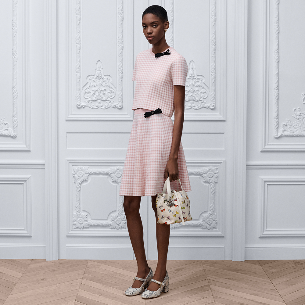 DIOR Dioriviera Flared Short-Sleeved Top Miniskirt Pink and White Dior Vichy Cotton-Blend Knit #383515