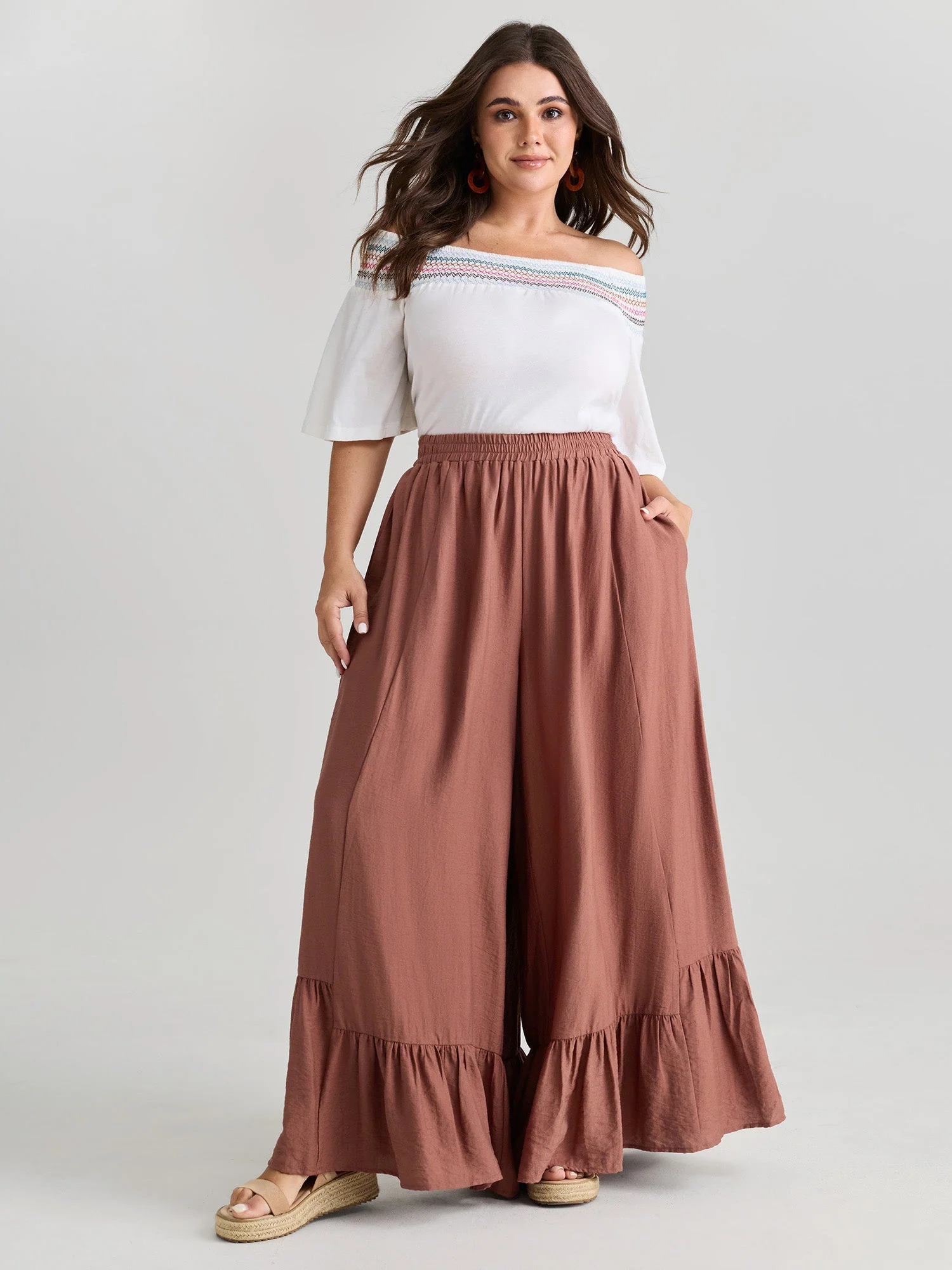 Ruffled Hem Plain Flowy Pants
