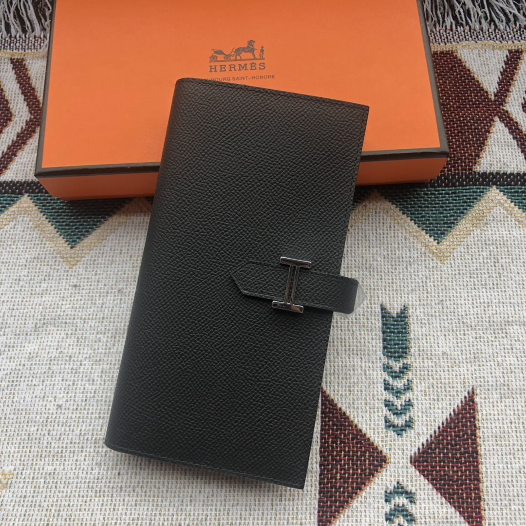 [TOP] HERMES Bearn Wallet Epsom Leather 17.5*9.5cm - Black