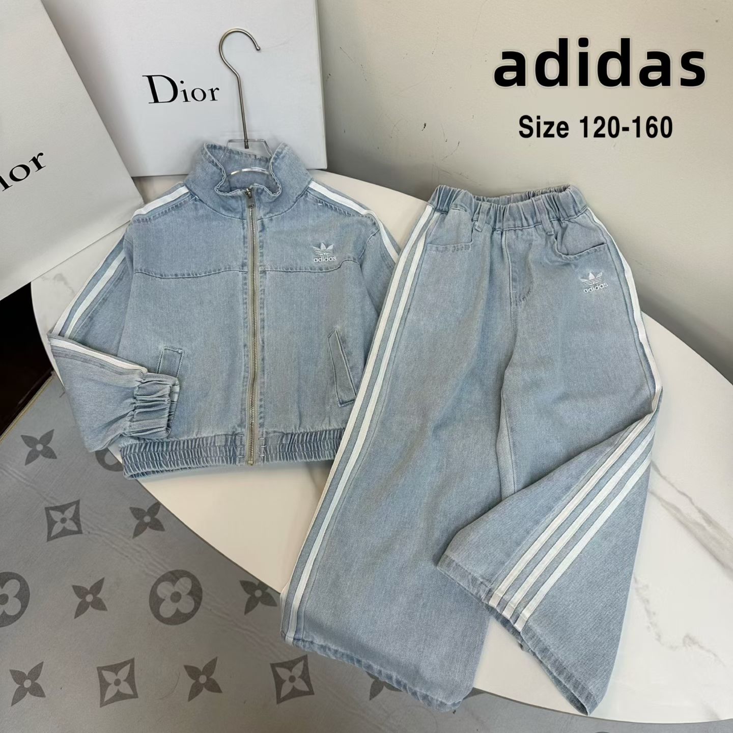 Adidas Unisex Kids 3 Stripe Stand Collar Zip Denim Jacket & Wide Leg Denim Pants Two Piece Set Boys Girls Sizes 120-160
