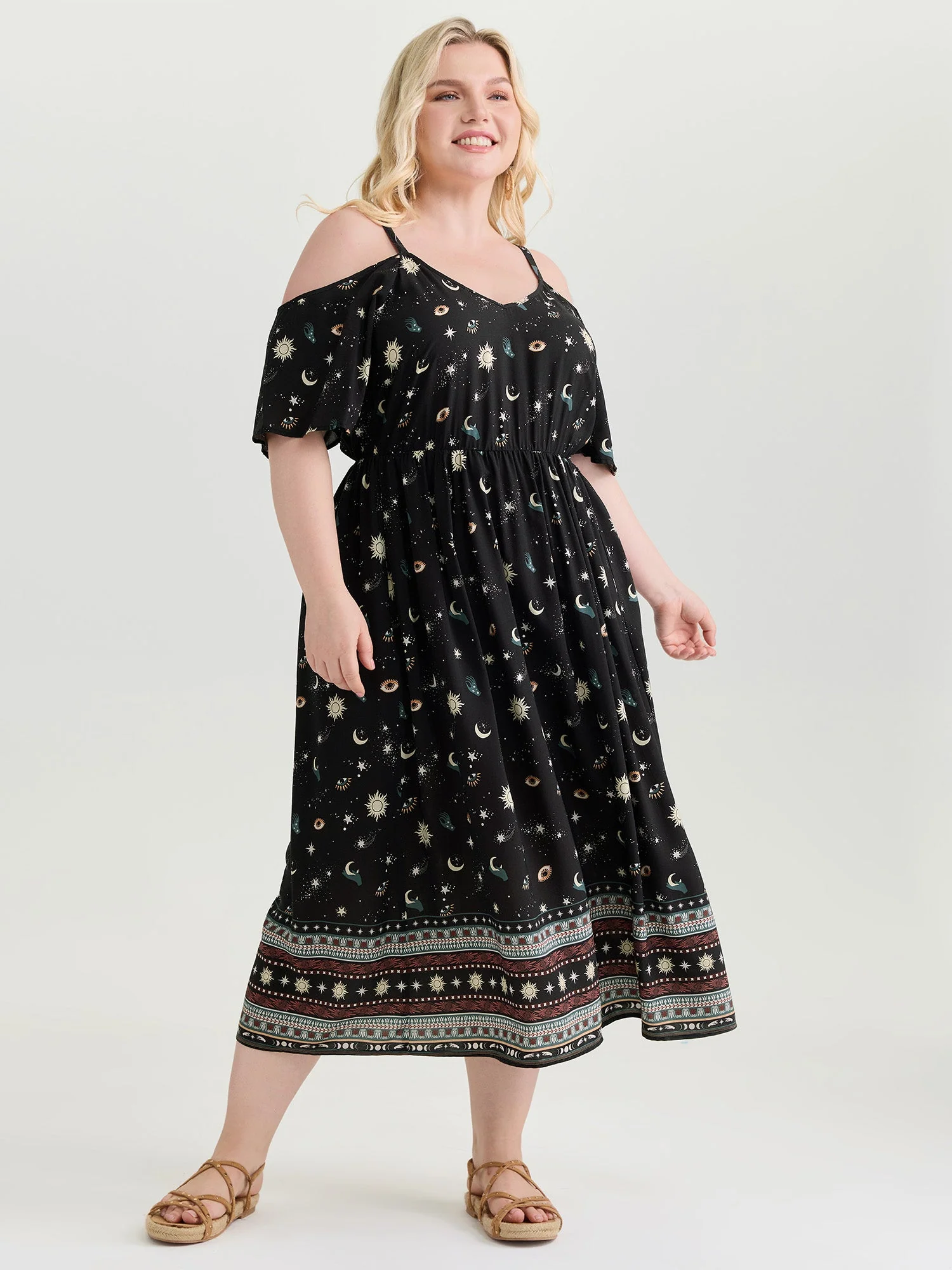 Starry Night Cold-Shoulder Flowy Midi Dress