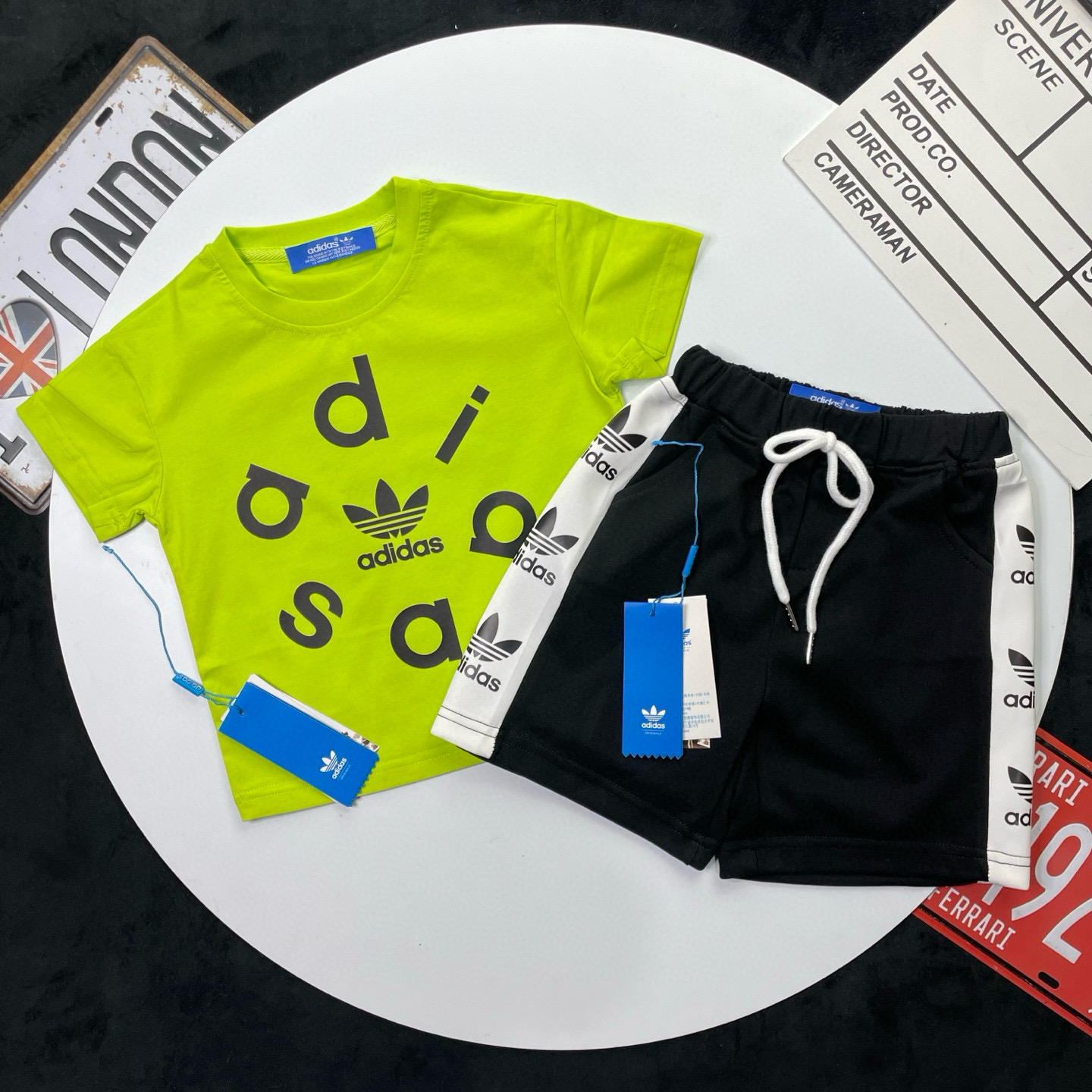 Adidas Kids 2Pcs Short Sleeve Tee & Side Stripe Shorts Outfit For Boys Girls Full Original Tags Sizes 90-150