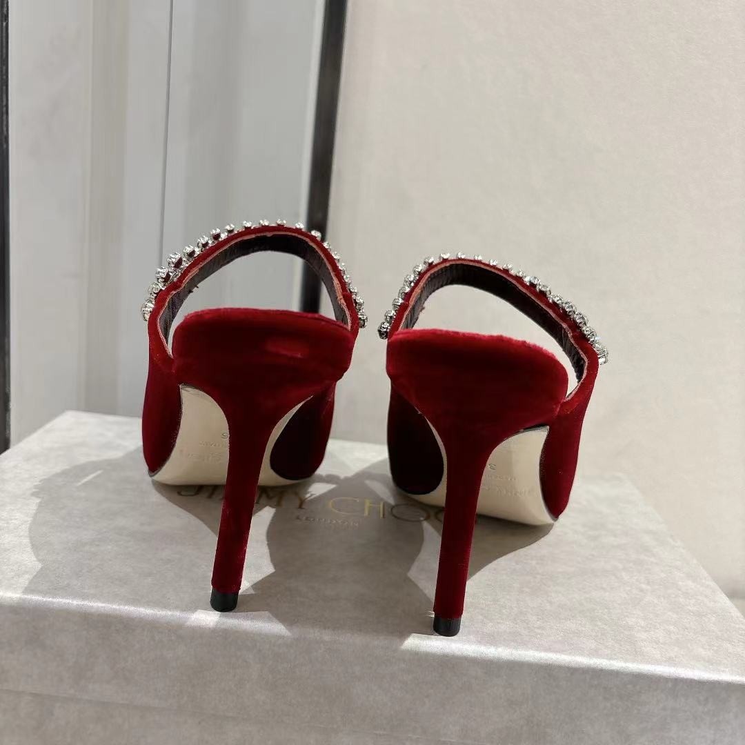 [TOP] Jimmy Choo Bing 100mm Crystal-Embellished Velvet Mules - Ruby Red - 711 Luxury